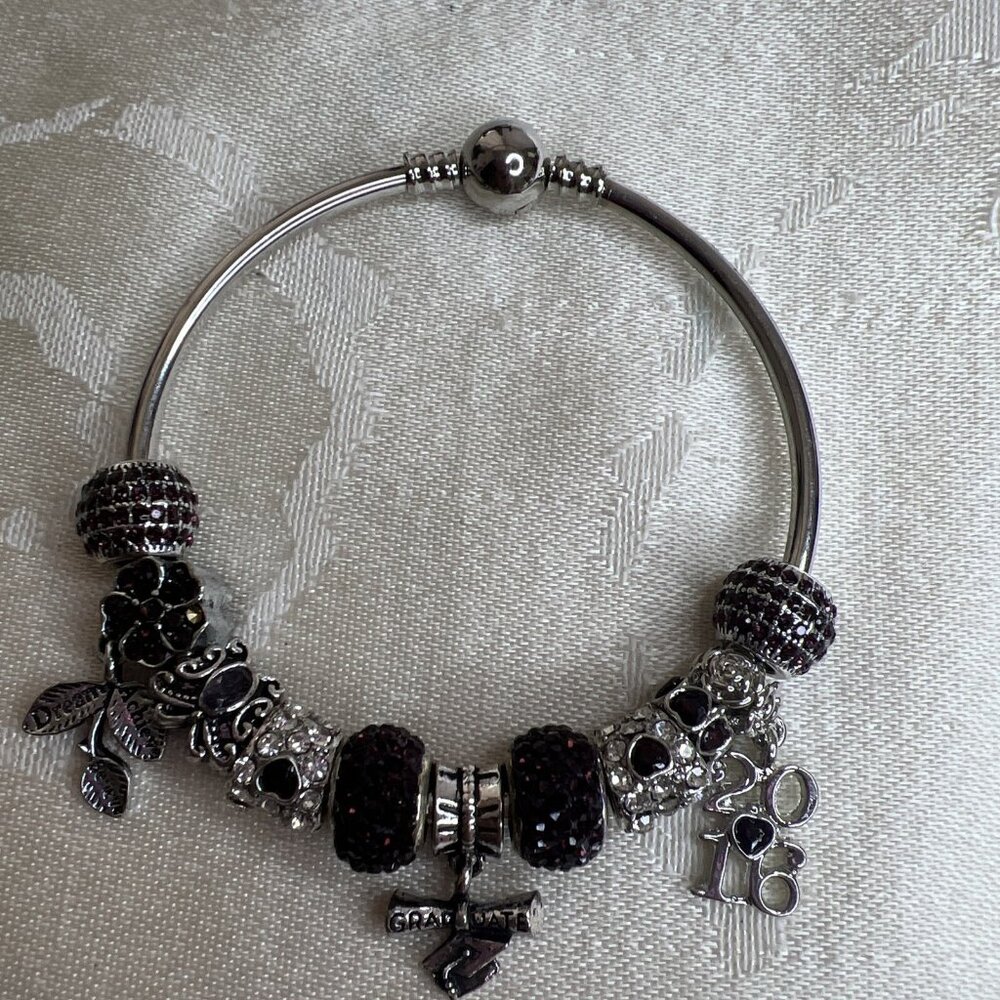 Silver Plated Amethyst 11 Charm Bangle‎ Graduate Dream Achieve Believe.
